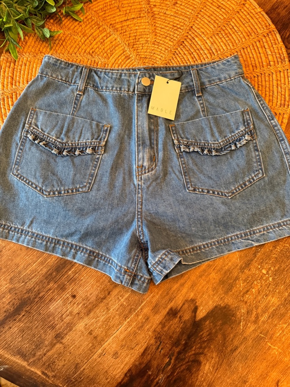 New Mable  Blue Denim High-Waist Jean Shorts with Ruffle Pocket Trim